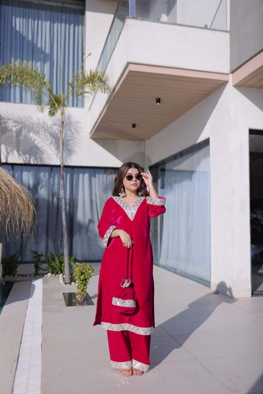 ReadytoWear Velvet Kurti Pant Set | Eid Party Outfit Zari Mirror | S M L XL XXL