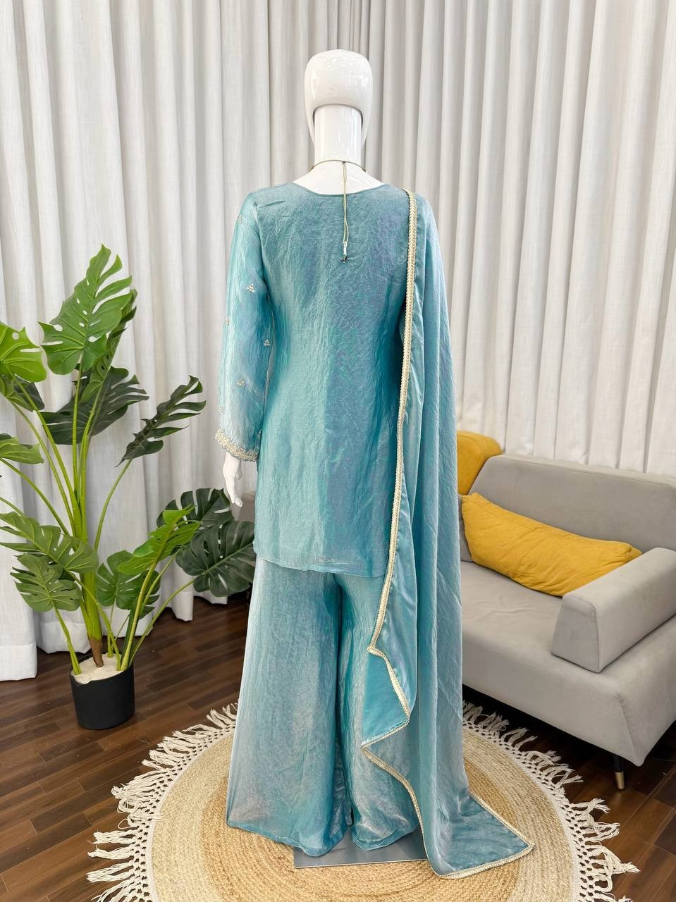 New Presenting Heavy Silk Sky Blue Top Palazzo With Dupatta For Wedding Wear