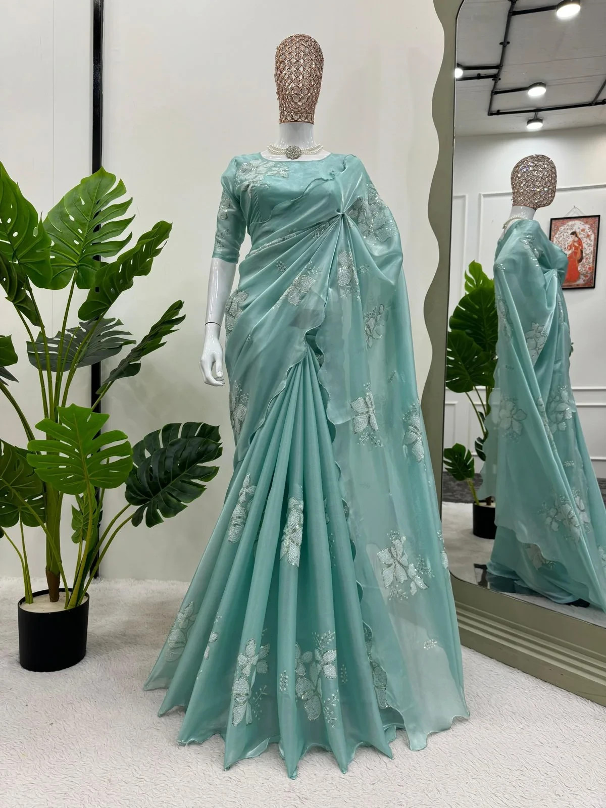 Women’s Designer Tissue Silk Saree with Embroidery Work & Unstitched Blouse
