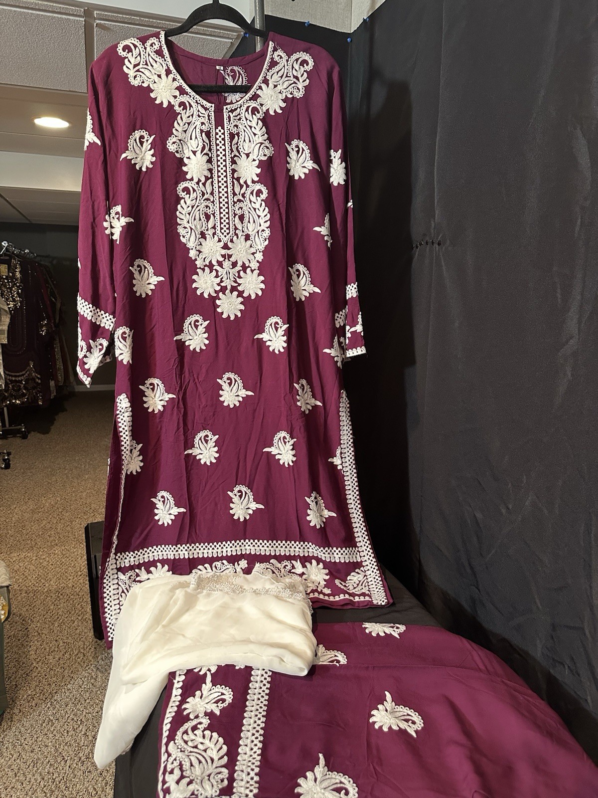 Beautiful soft linen Front & back emb-3 pc suit-emb plazo, laced dupatta-$44