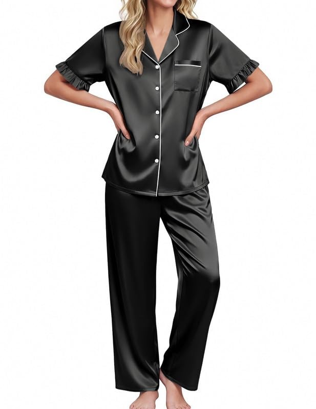 Silk Satin Pajamas for Women Set 2 Piece Short Sleeve Large Classic Black