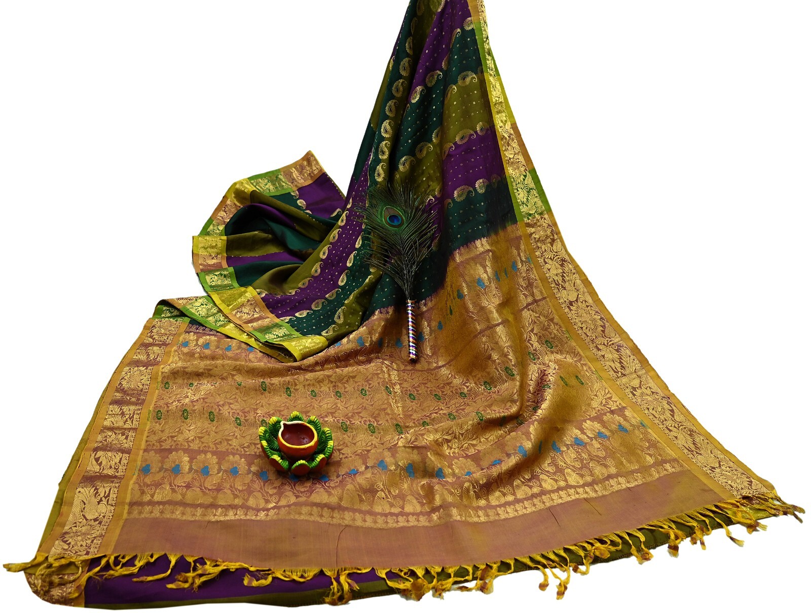 Vintage Heavy Sari Multi Kanjivaram Saree Pure Silk Ethnic Zari 5Yd Craft Fabric