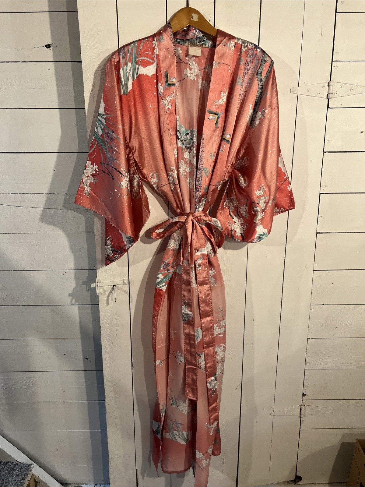 Pink Silk kimono robe features a detailed bird & floral pattern