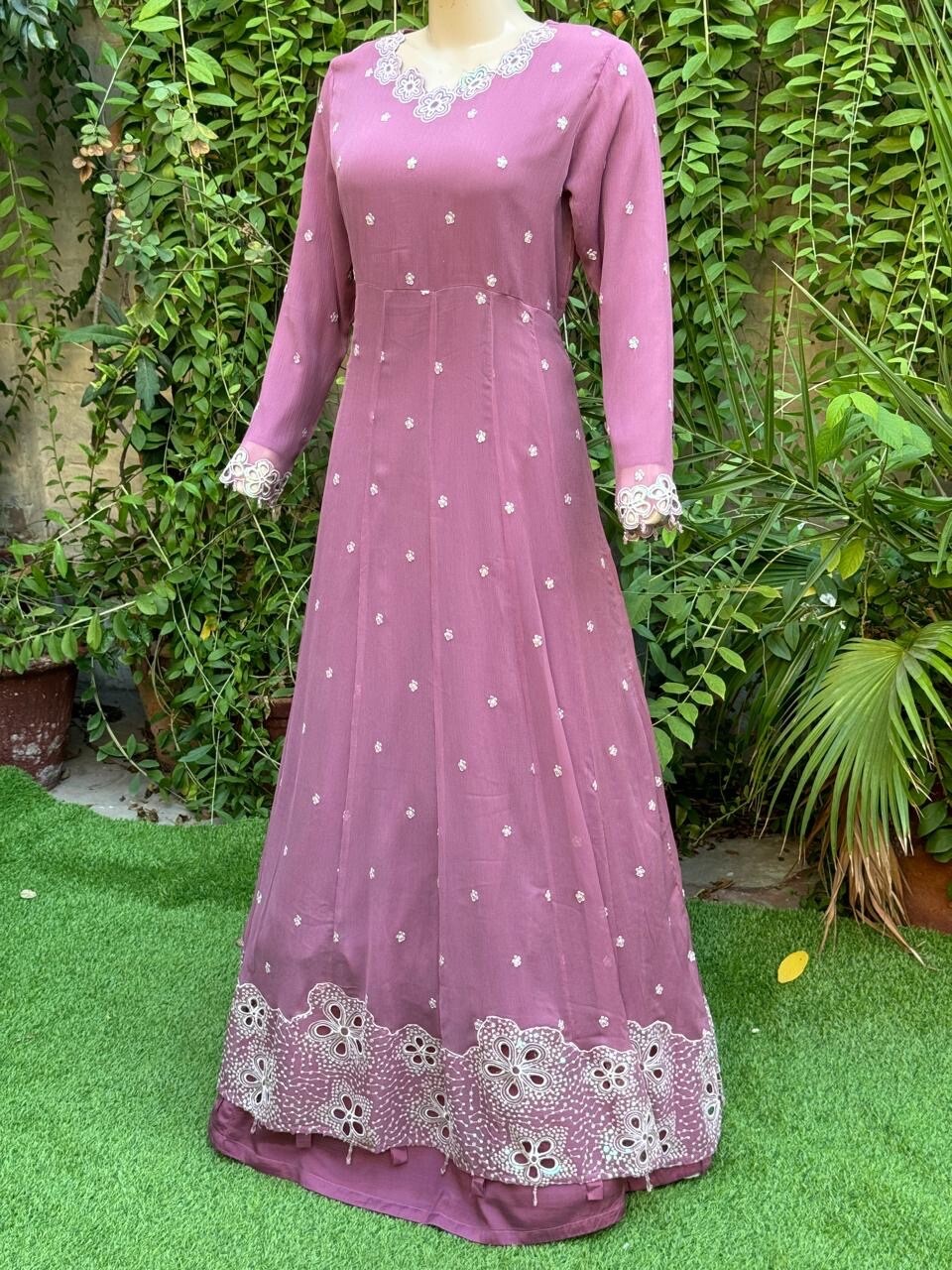 Pakistani Tea Pink Fancy Chiffon gown Dress with embroidery, Squins work,XL