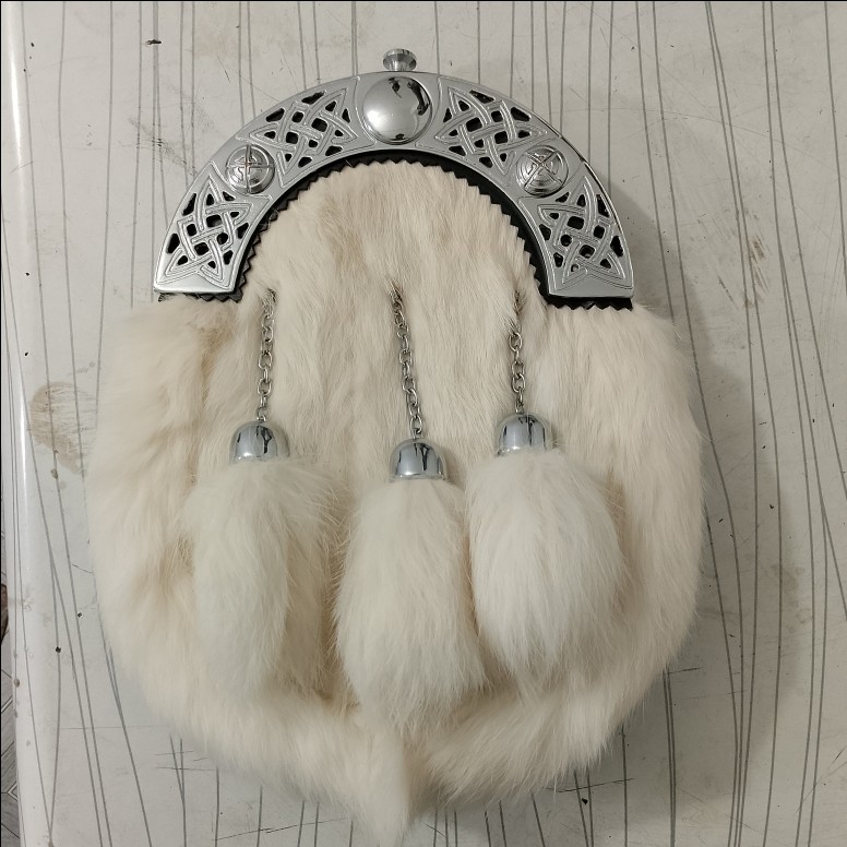 Luxury White Fur Scottish Dress Sporran Celtic Kilt Bag Chrome Cantle Formal Wea