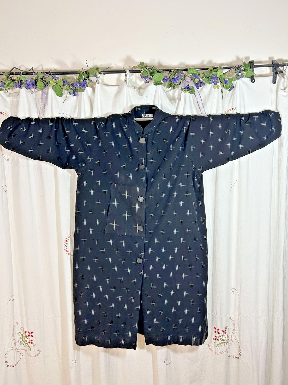 Asian Style ARISE Black Cotton Ikat Kimono Coat Noragi Boro Oversized Unisex 2XL