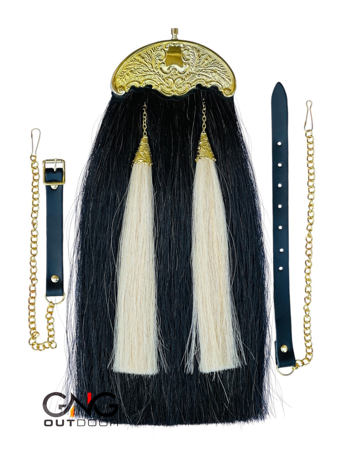 Scottish Gold Plated Black Horse Hair Sporran 2 White Tassels Kilt Sporran