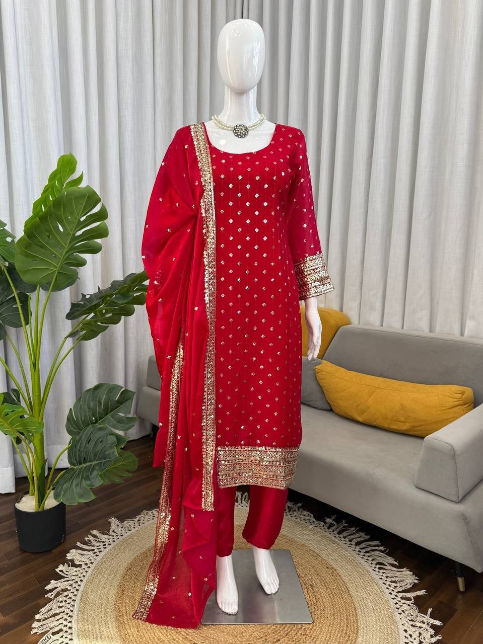 Stylish Look Heavy Silk Red Salwar Kameez With Dupatta For Festival Wear