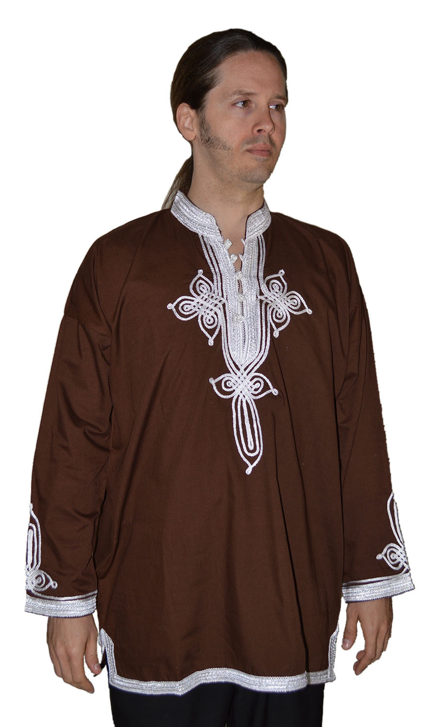 Moroccan Men Tunic Shirt Cafan Casual Handmade Embroidered Cotton XL Chocolate