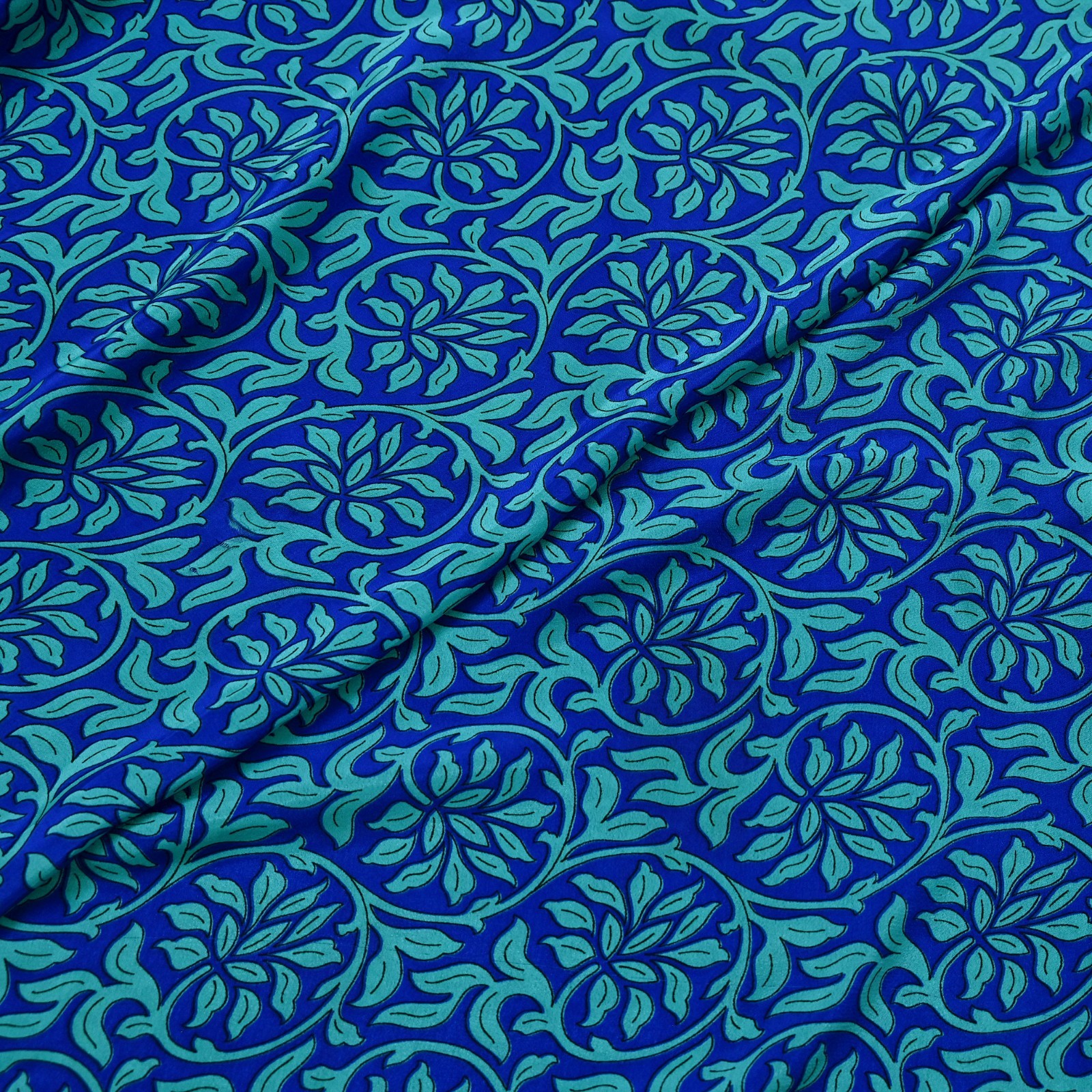 Vintage Green & Blue Saree Moss Crepe Printed Sari 5yd Sewing Paisley Fabric