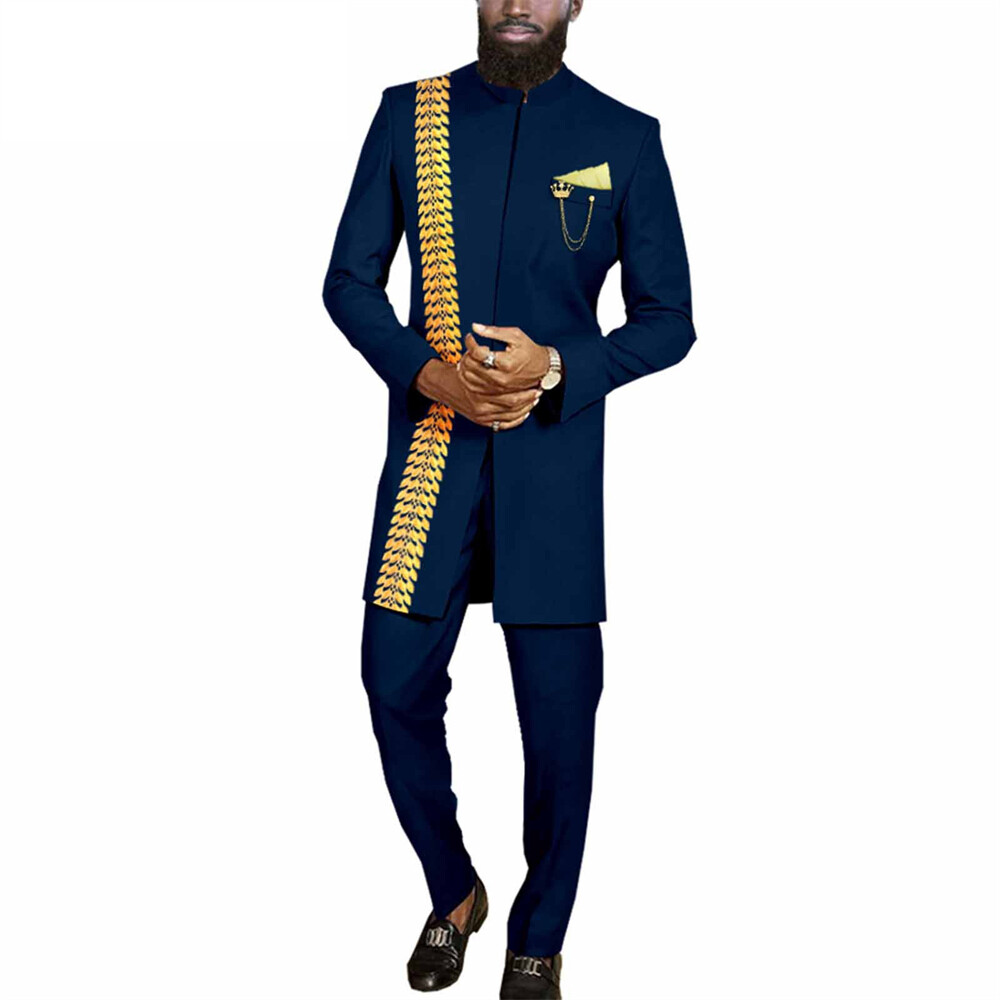 Men African Suits Dashiki Embroidery Jacket and Pants 2 Piece Set Formal Outfits
