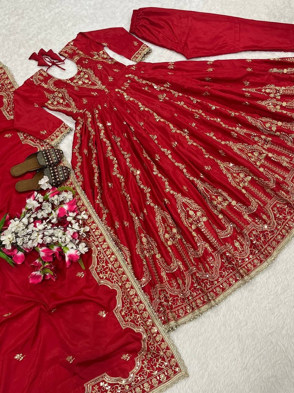 Stylish Heavy Natural Crepe Red Gown Bottom With Dupatta For Women Festival