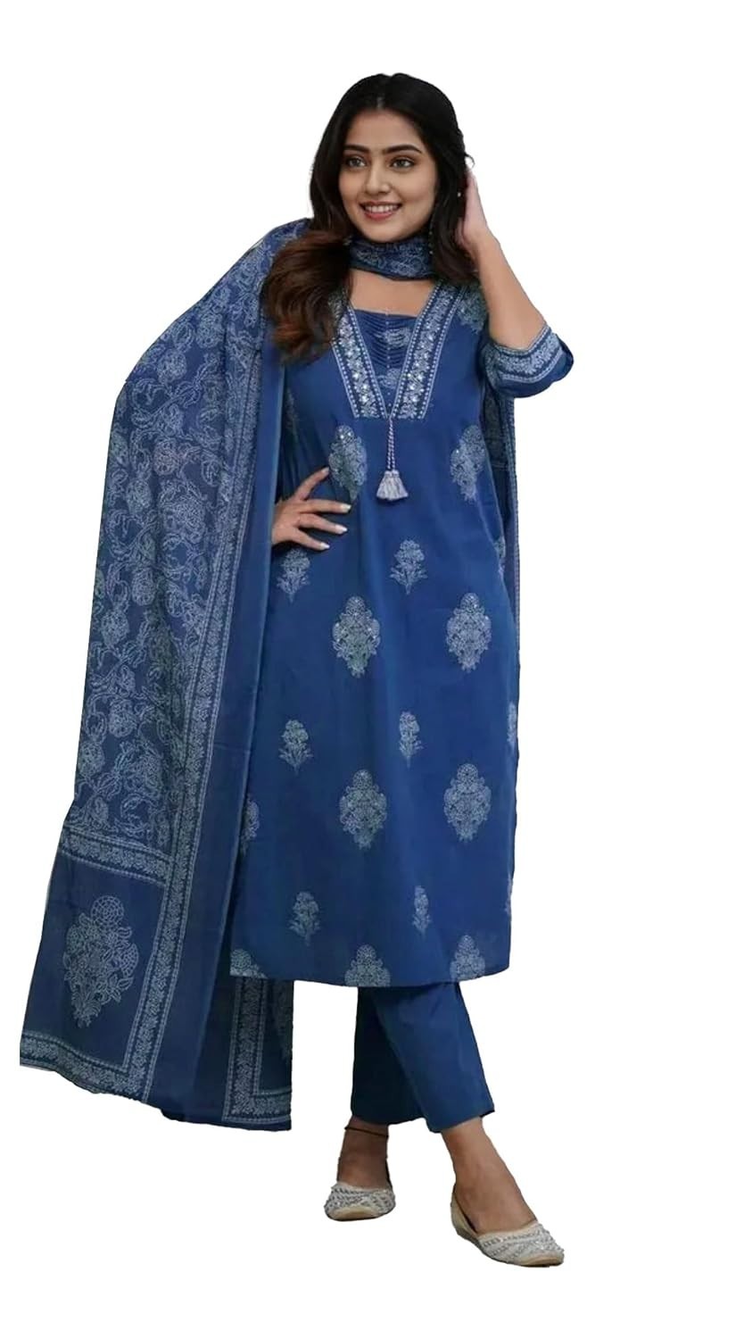Women’s Pure Cotton Printed with Handwork Kurta with Pants and Dupatta Set