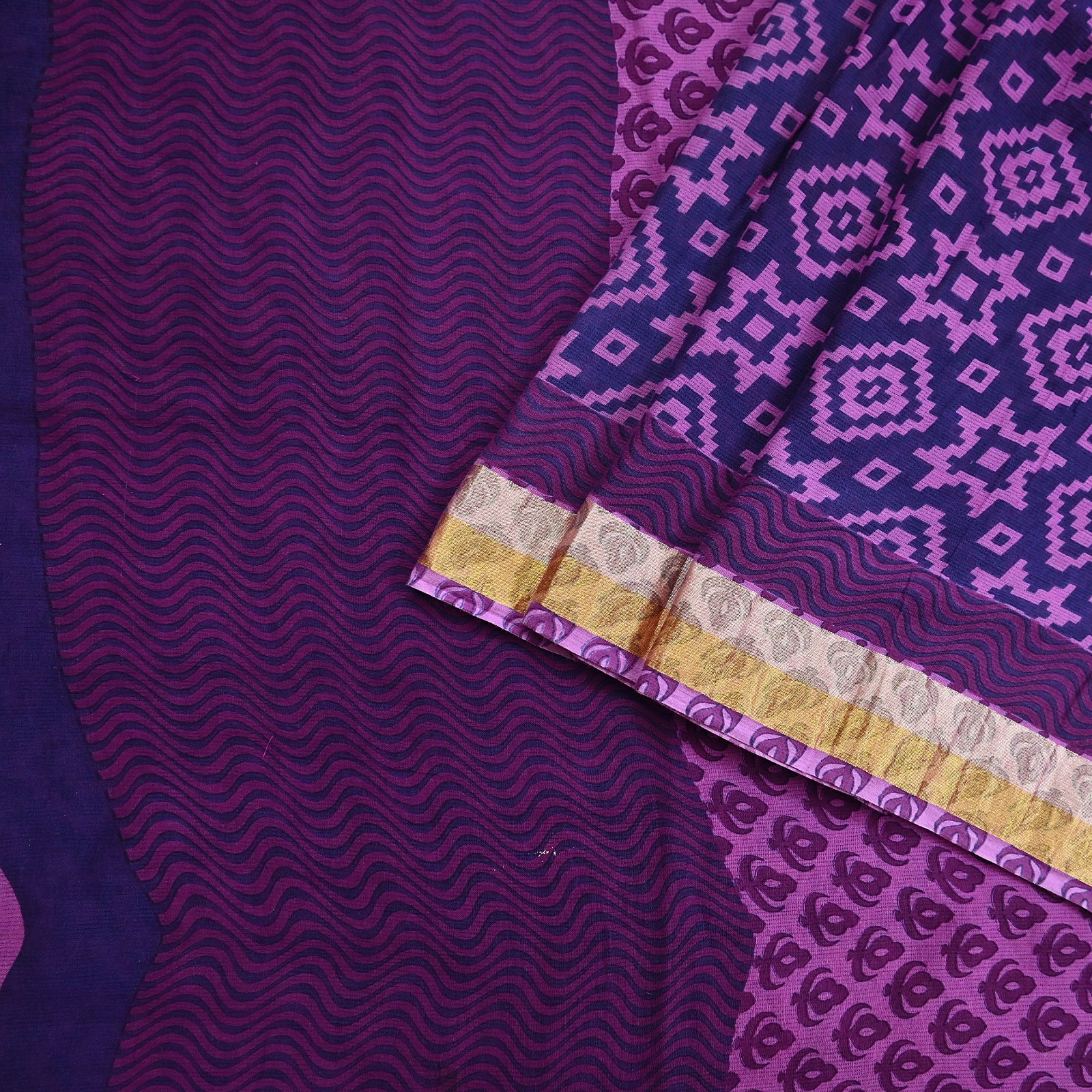 Indian Vintage Sari Blue & Purple Printed Pure Cotton Sarees Craft Fabric 5Yd