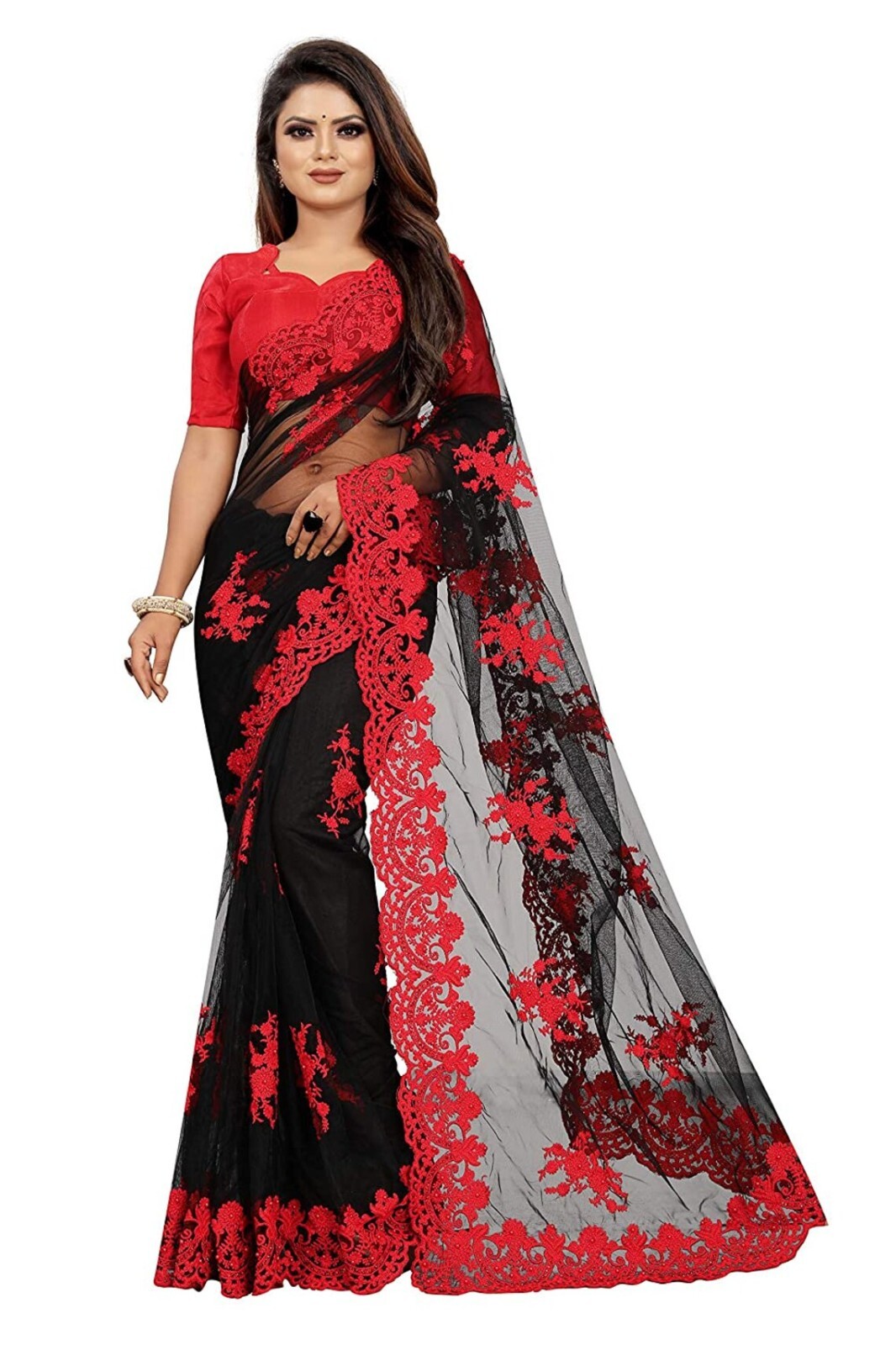Women’s Embroidered Work Net Saree With Unstitch Blouse Piece.