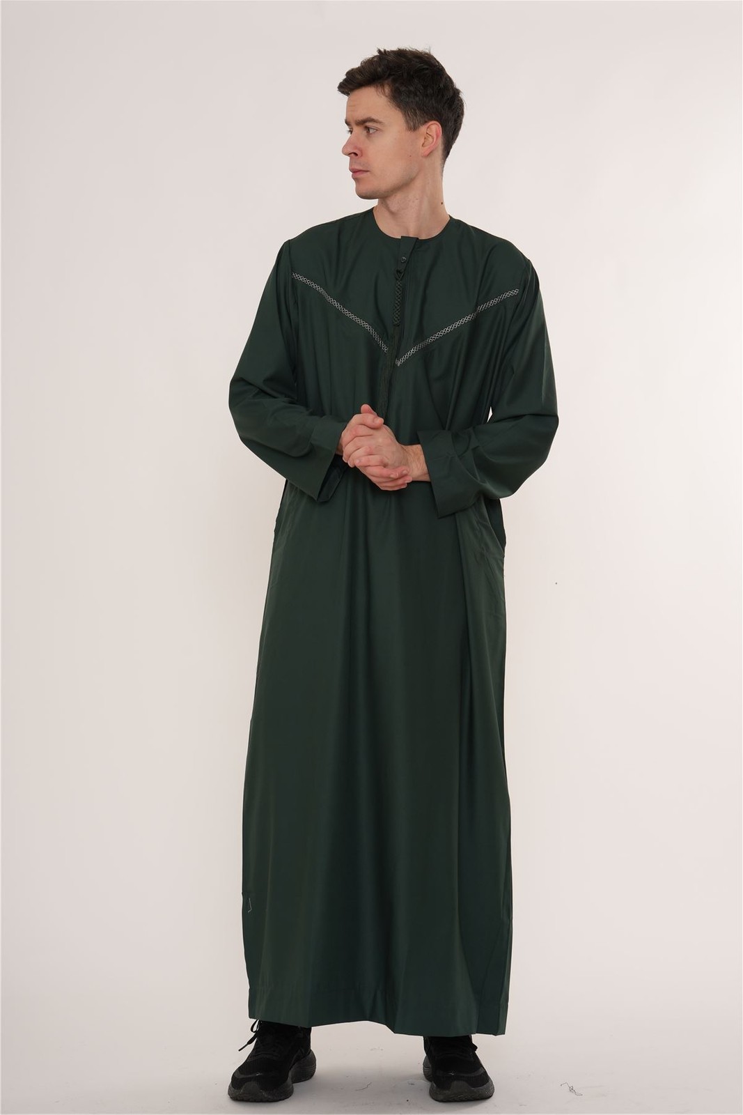 Men Olive Green Thobe Emirati Omani Jubba Islamic Embroidery Muslim Eid Tassel