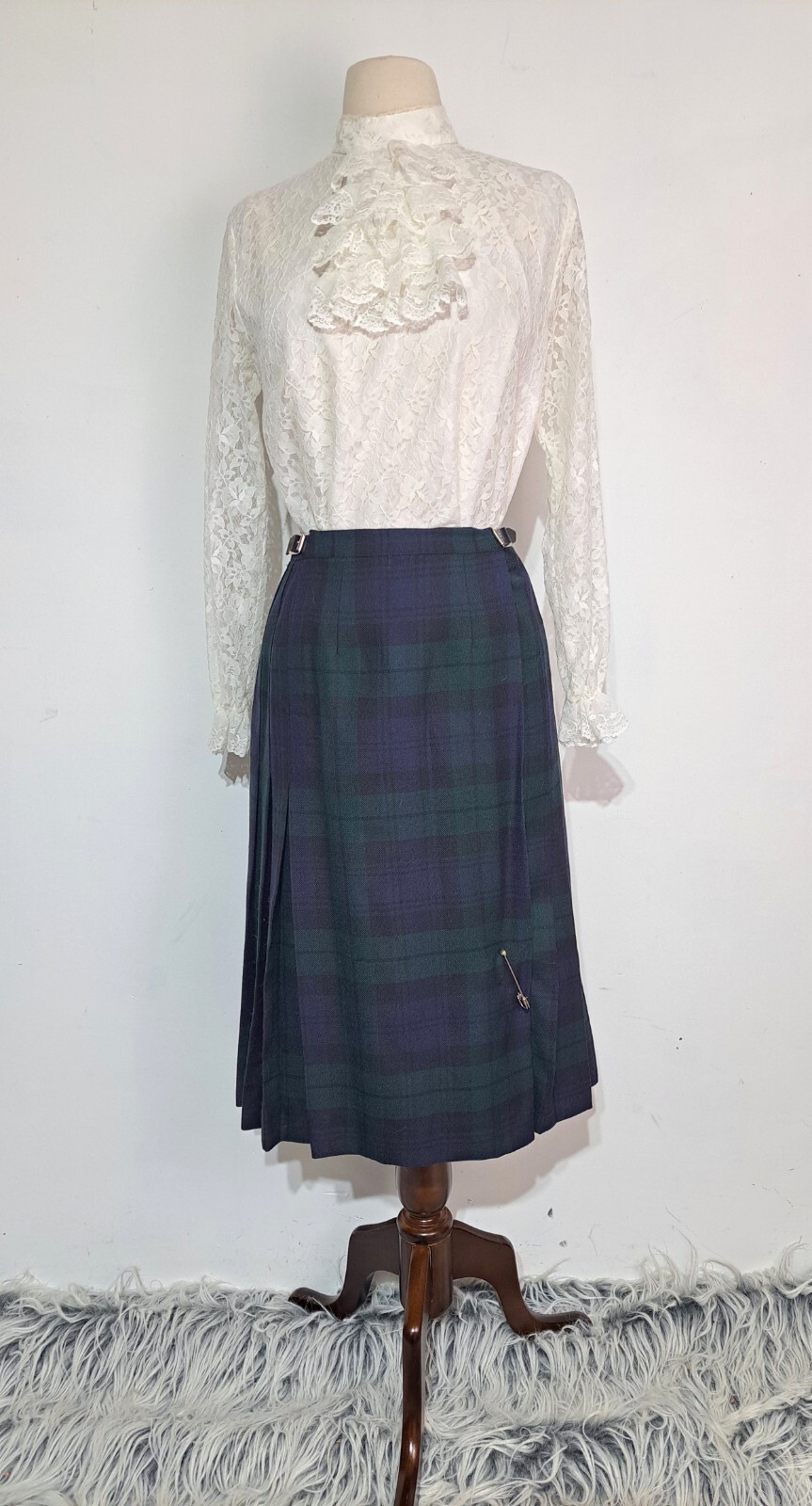 Tartan Plaid Skirt Pleated Kilt XS 26″ Wool Black Watch Blue Green Ramsay Dublin