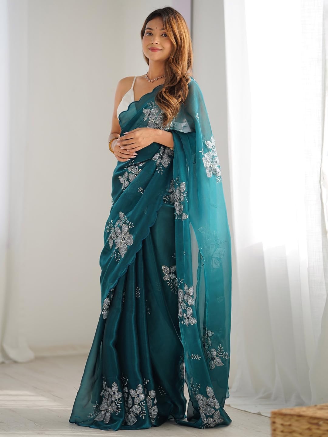 Women’s Shimmer Organza Sequence Embroidery Saree With Unstitched Blouse Piece