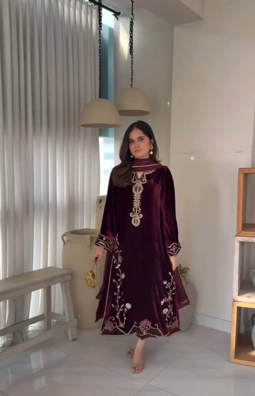 New Presenting Heavy Viscose Velvet Top Bottom With Dupatta For Functional Wear