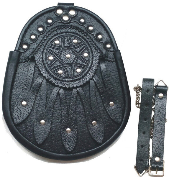 Scottish 100% Real Leather Hunting Sporran Decorated with Metal Studs & Leather