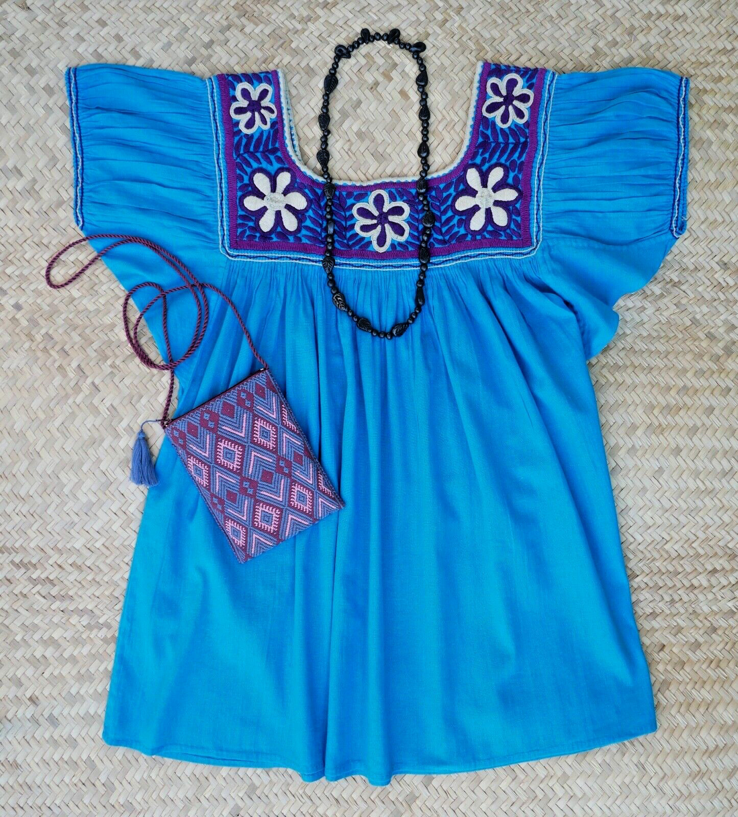 Peasant Blouse Hand Embroidered Flowers on Turquoise Fabric Mayan Chiapas Mexico