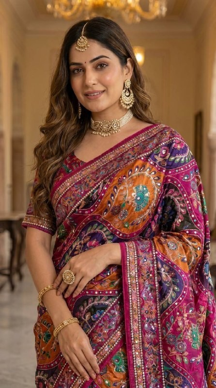 Roman Silk Ajarakh Print Saree with Mirror Work Indian Ethnic Saree with Blouse