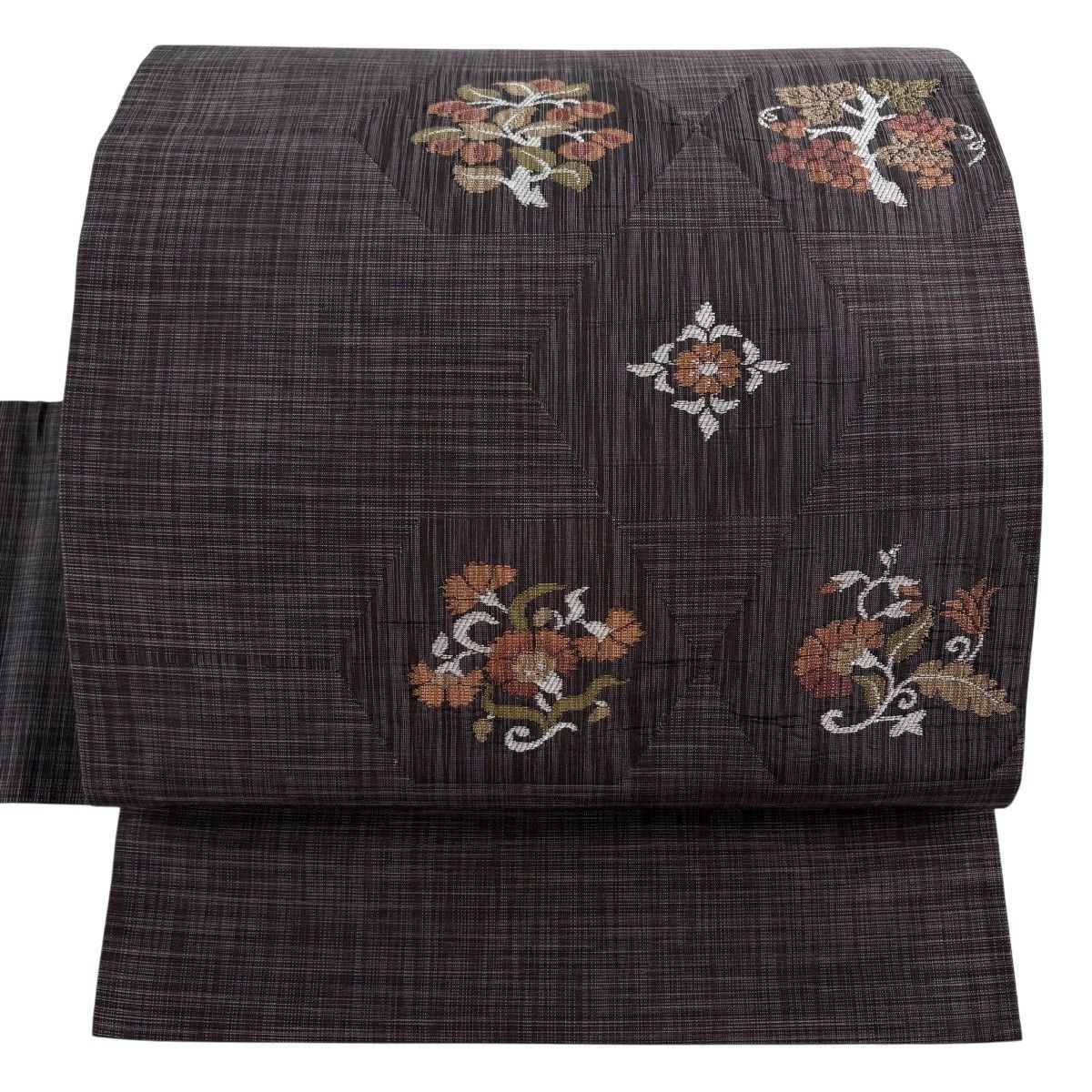 Nagoya Obi Floral Arabesque Grape Brown Purple Silk 357cm Finished Japanese