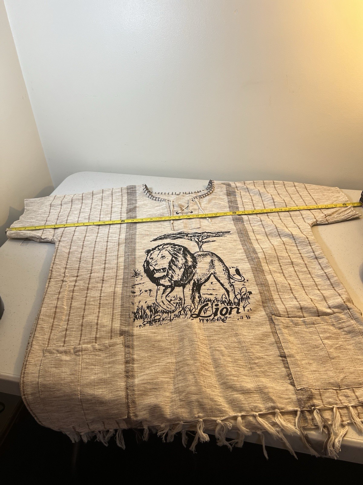 Africa Woven Lion Shirt Size XXL With 2 Pockets & Fringe Handmade In Africa