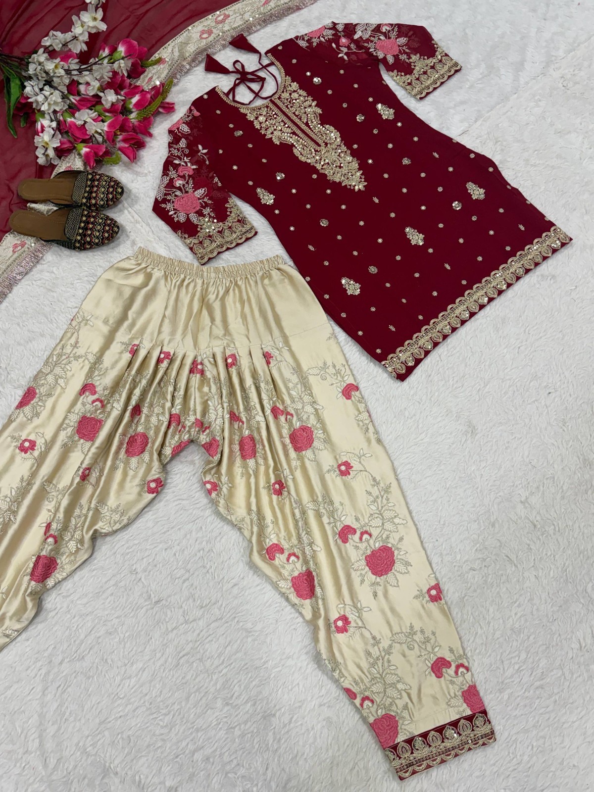 Latest Maroon Faux Georgette Salwar Kameez With Dupatta For Indian Festive Wear