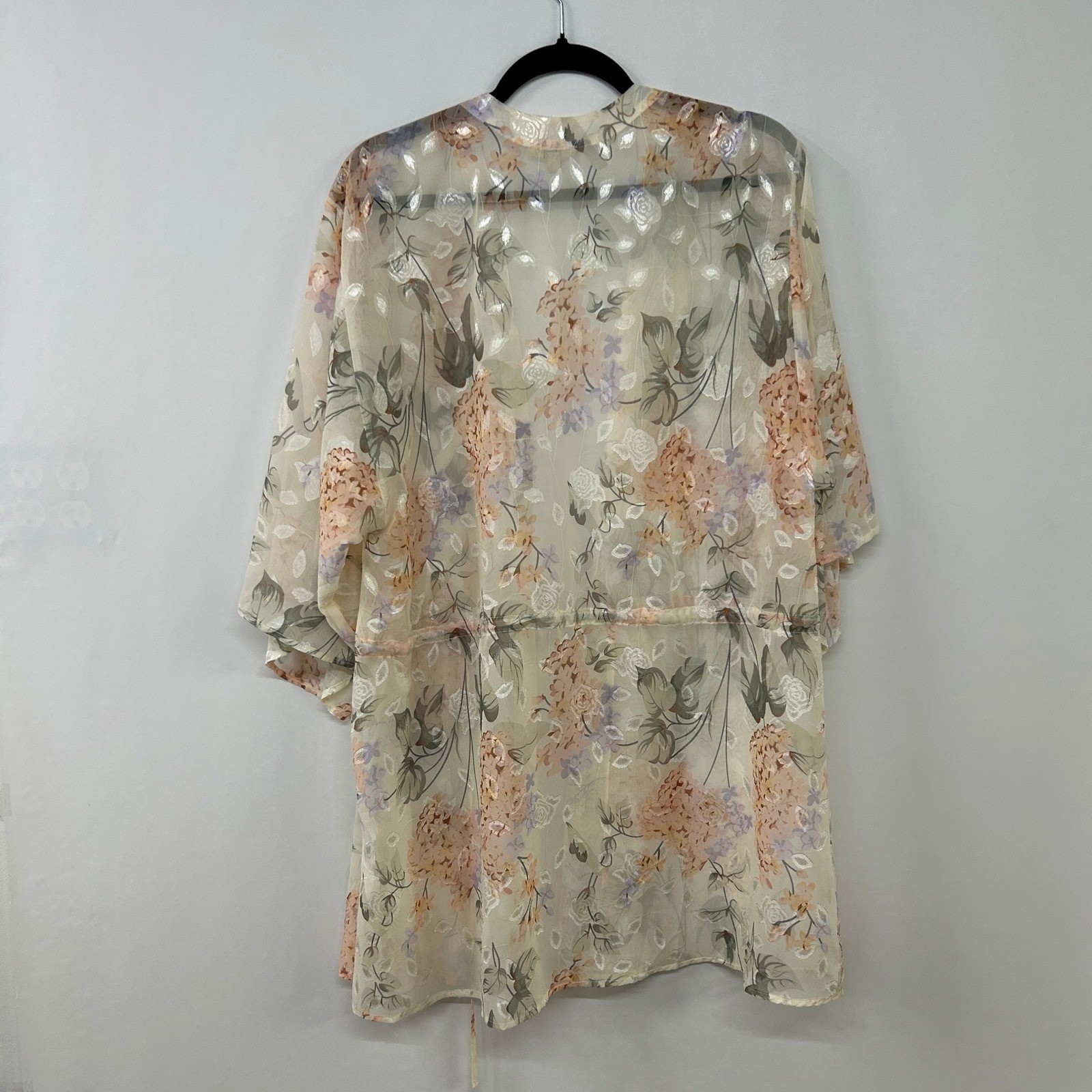 Floral Sheer Kimono Duster Cardigan M Romantic Boho Layering Open Front Longline