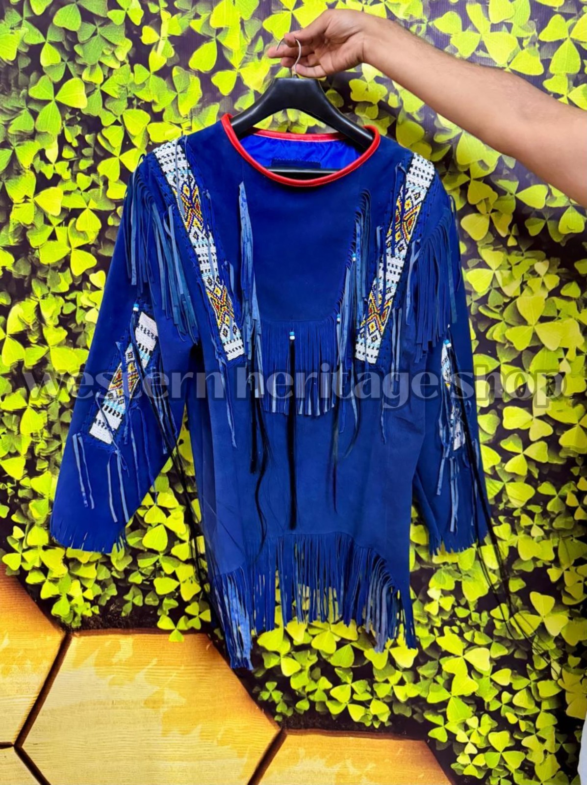 Native American Style Blue Suede Beaded Fringe Shirt Powwow Regalia Handmade