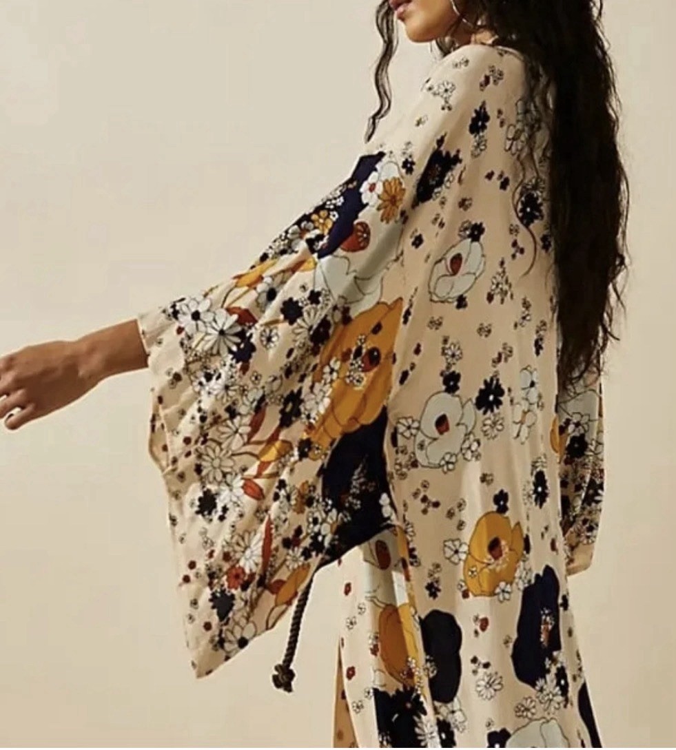 Rare Boho Free People Hidden Hills Maxi Duster Kimona Cardigan Floral Ivory OS
