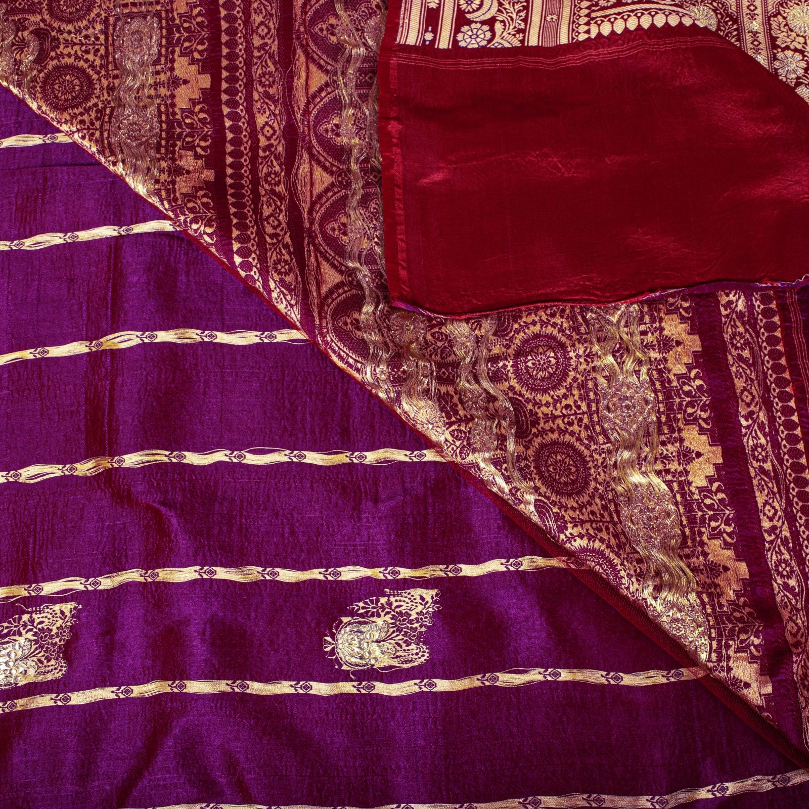 Sanskriti Vintage Red Pure Satin Saree Banarasi Brocade Zari Hand-Woven 5+Yd