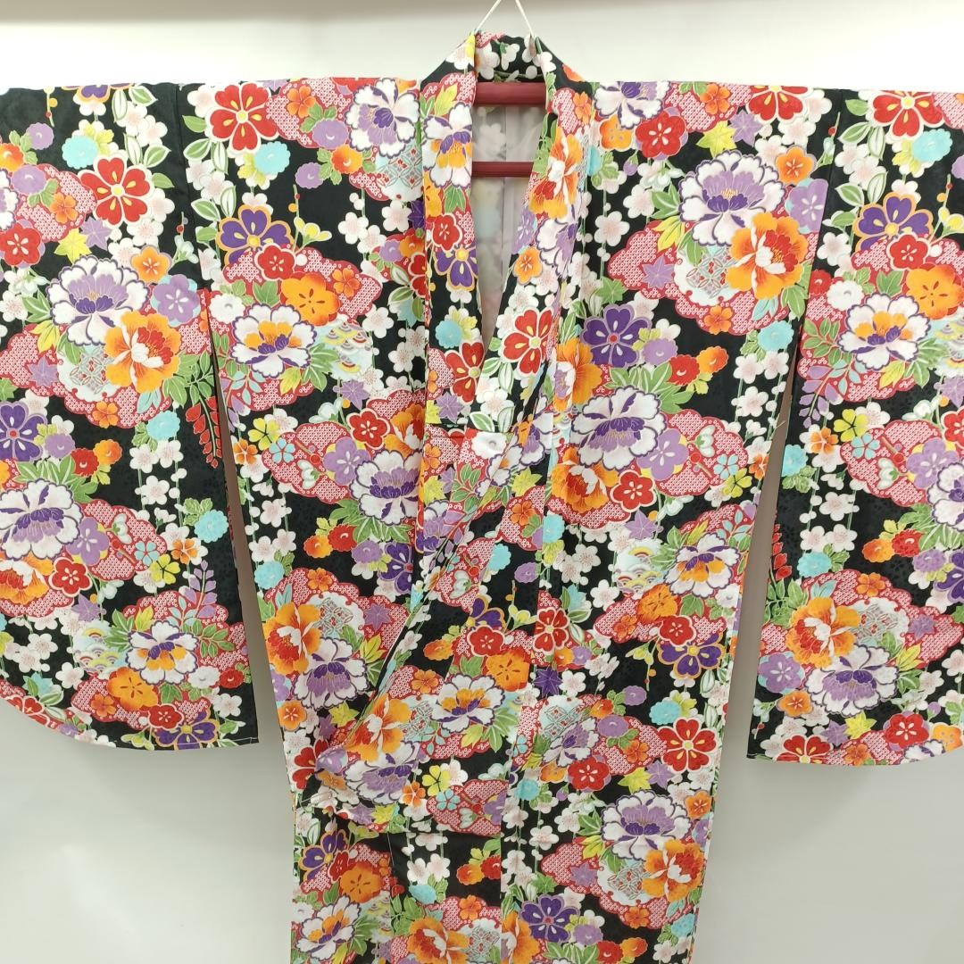 Used Koburisode Japanese Kimono Multi Color Floral Pattern Poly