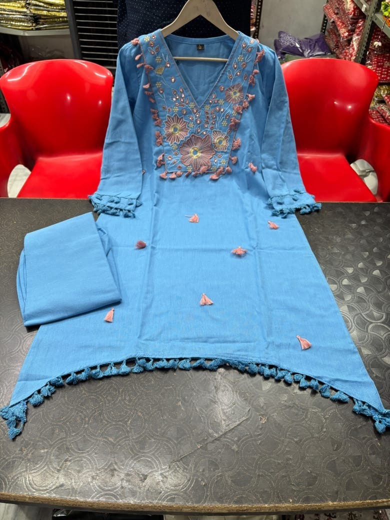 Women Cotton Flex Embroidey Kurti Cord Set Indian Party Wear Top Kurta Pant Set