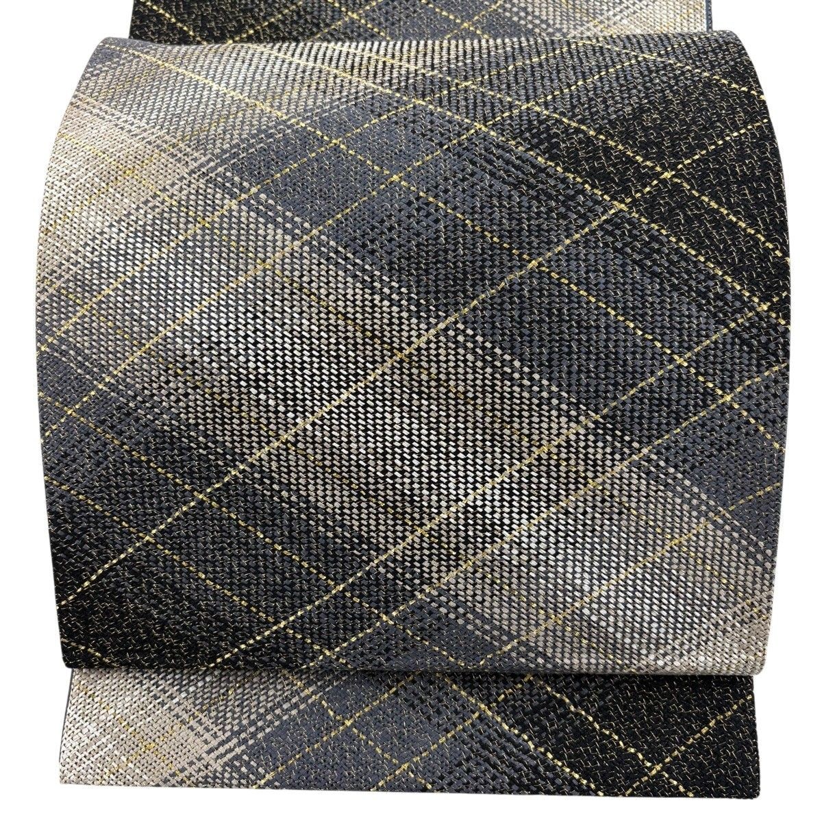 Fukuro Obi Allover Gold Thread Diagonal Lattice Black Gray Silk 462cm Finished