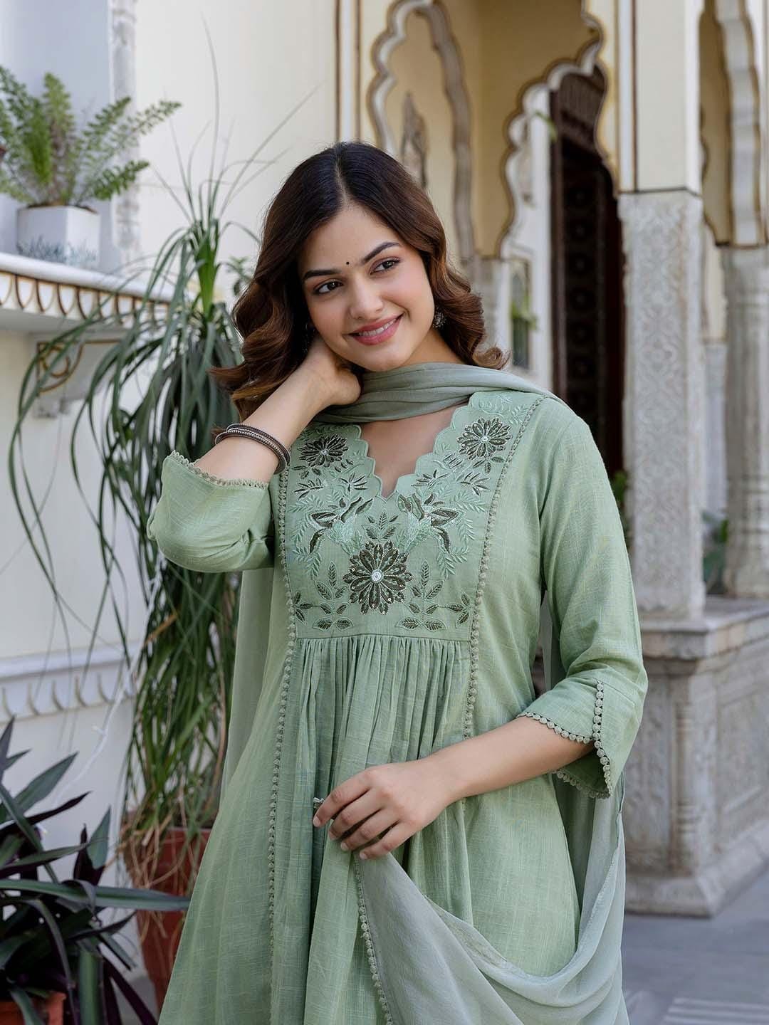 Women’s Cotton Slub A-Line Kurta Pant 3-Piece Set with Mul Cotton Dupatta