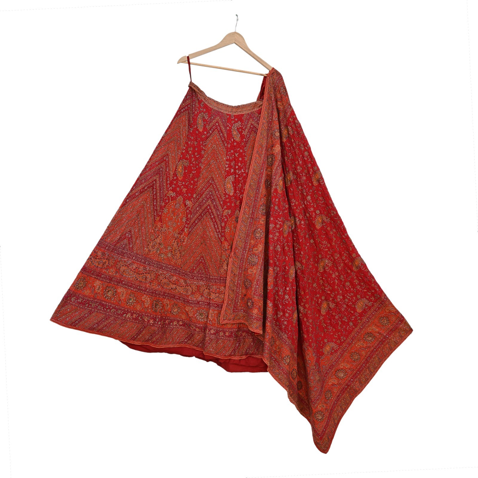 Pre-owned Orange Pure Silk Hand Embroidered Ritu Kumar Designer Lehenga 3pcs set
