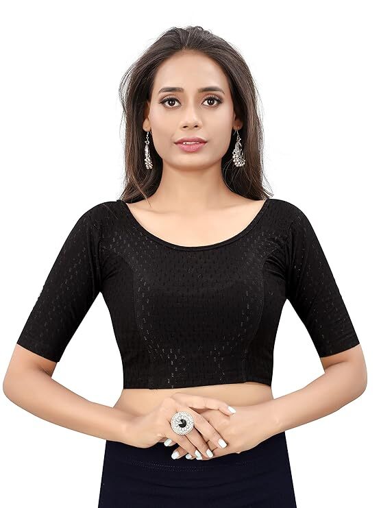 women Round Neck Lycra Stretchable Choli Elbow Sleeve Readymade Saree Blouse top