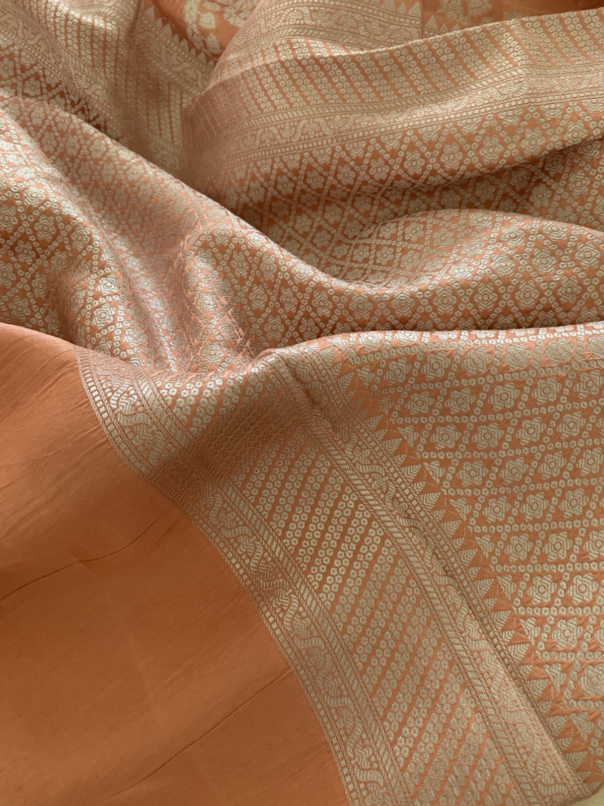 Dark Peach Banarasi Mashru Handloom Pure Silk Saree Partywear Wedding Sari Women