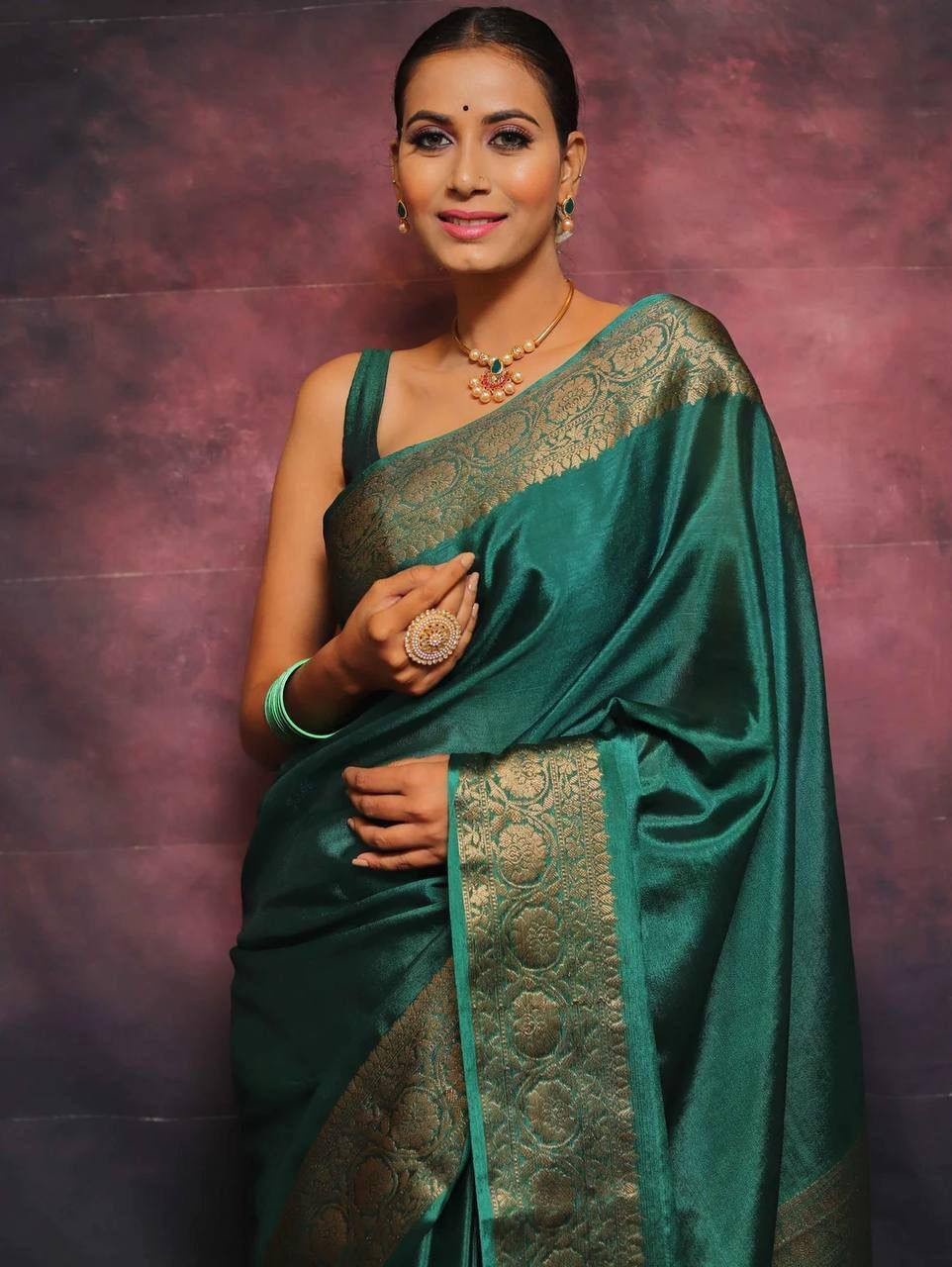 Traditional Green Lichi Silk Saree with Jacquard Zari Border and Blouse indian
