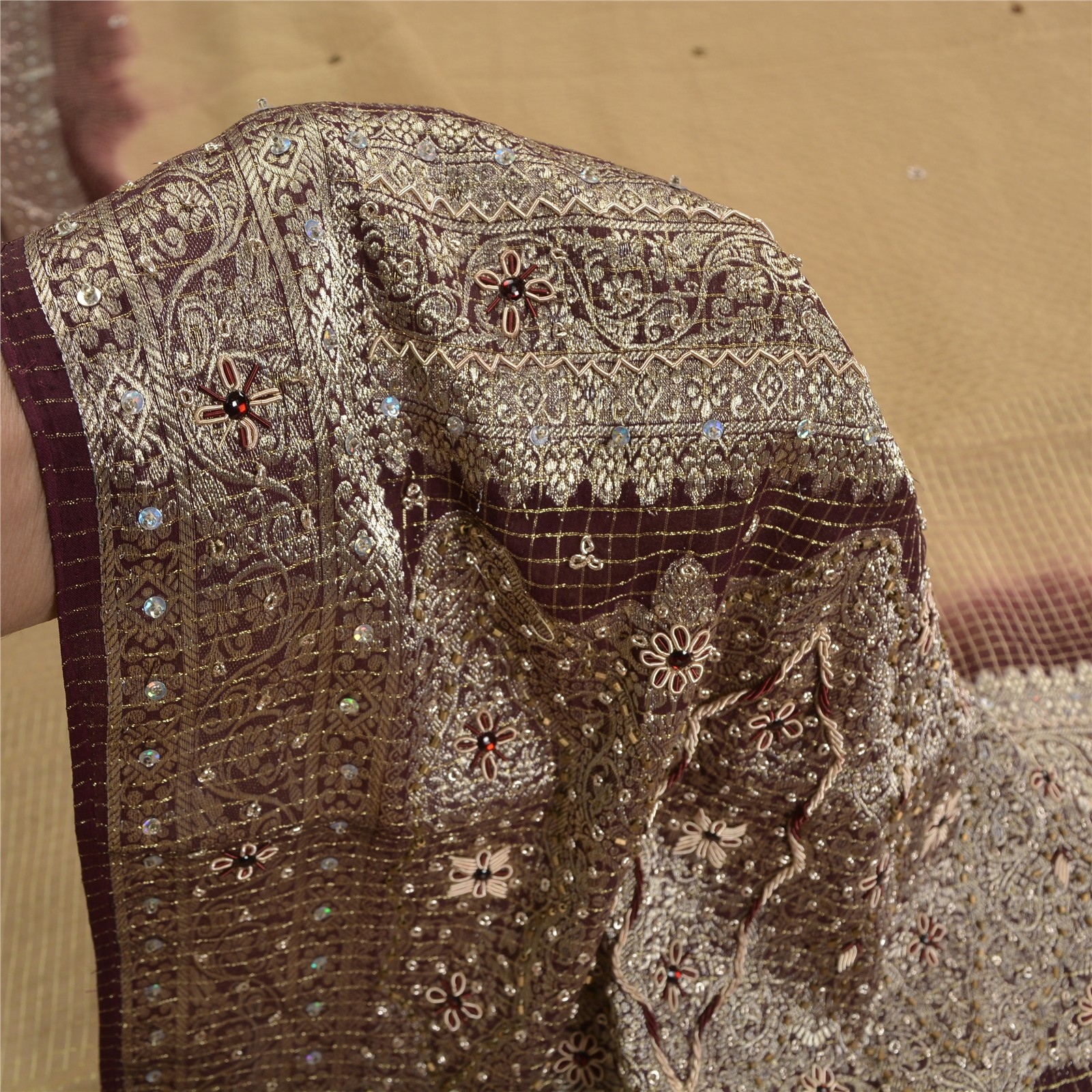 Sanskriti Vintage Sarees Brown Georgette Hand Beaded Zari Brocade Sari 6Ydfabric