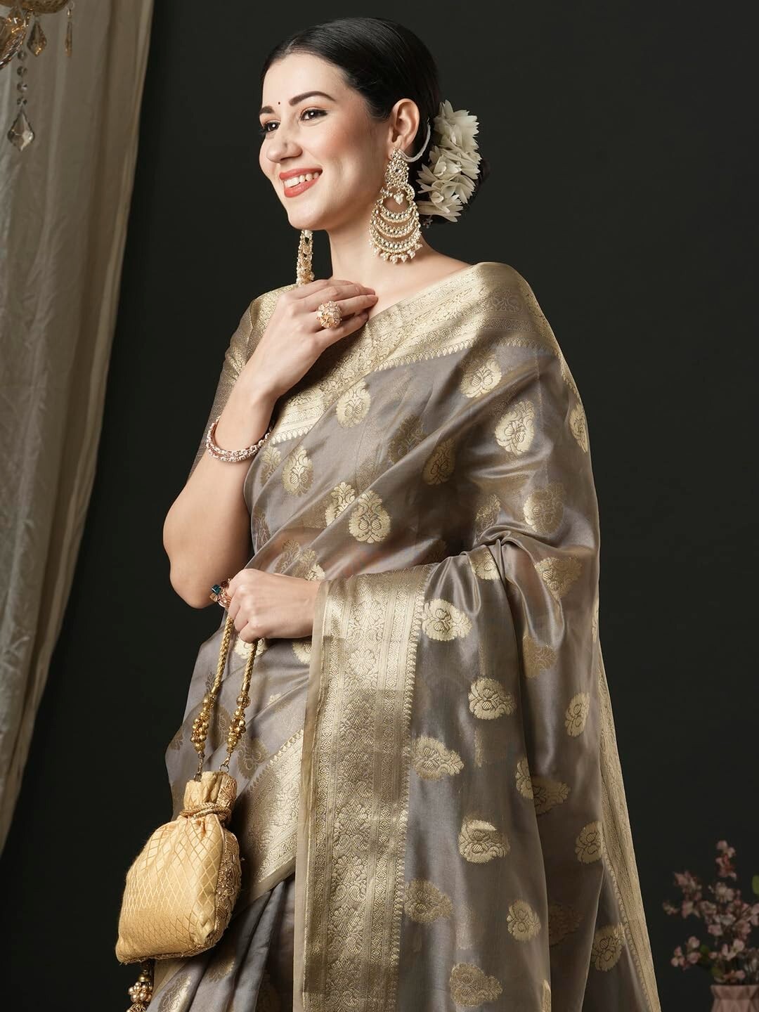 Women’s Organza Ethnic Motif Woven Design Saree With Unstitched Blouse Piece