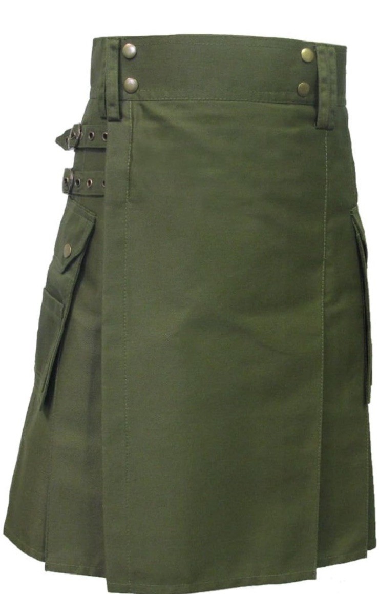 Men’s Cotton Scottish Utility Kilt Cargo Pockets Kilt Tactical Duty Olive Green