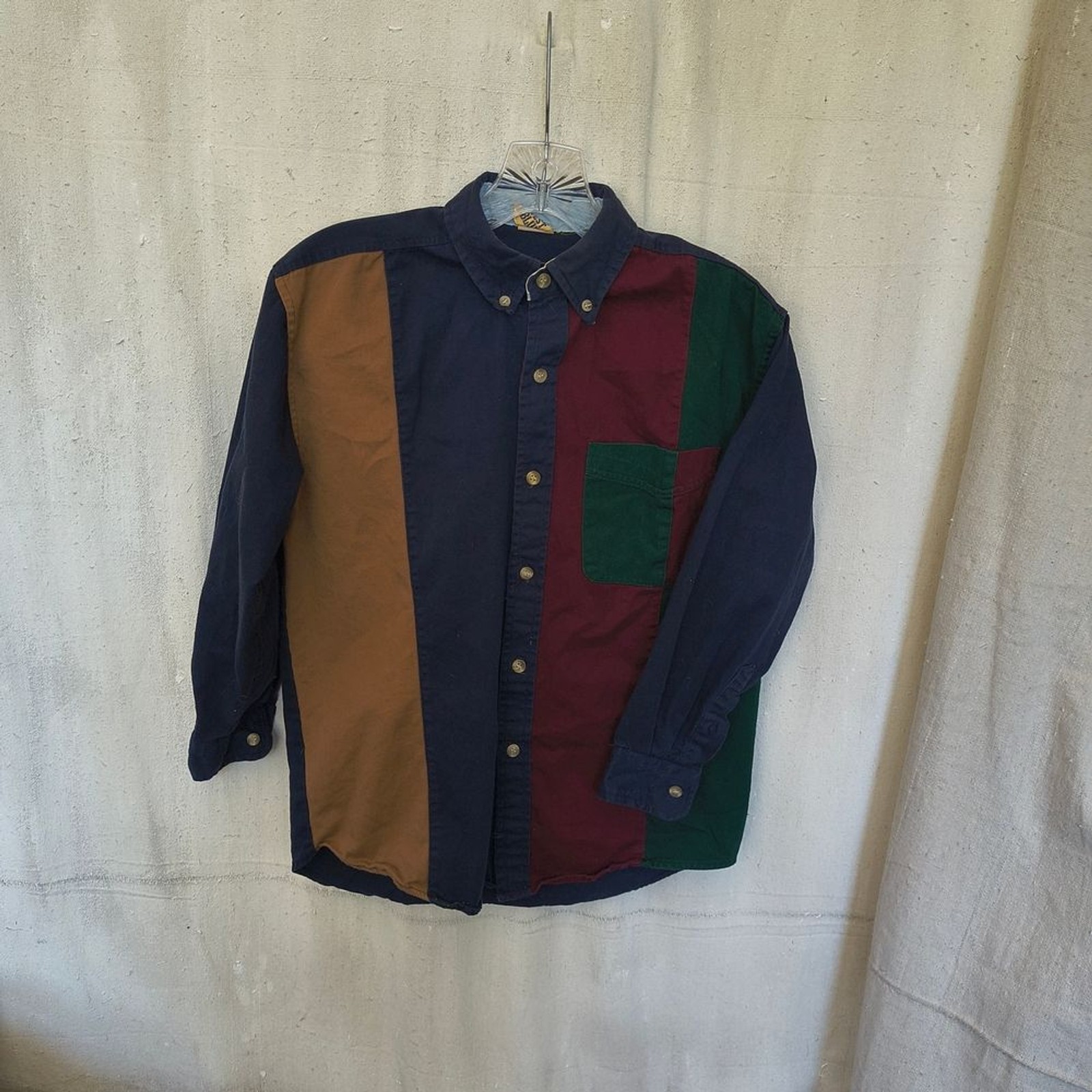 Color Blocked Youth Size Large Casual Button Down Long Sleeve Shirt