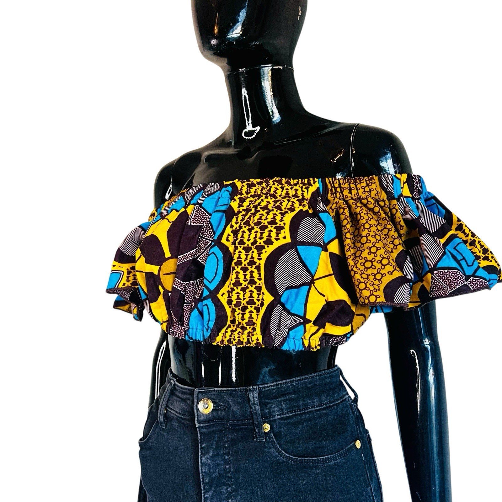 Yellow Blue And Brown African Print Women Crop Top ￼
