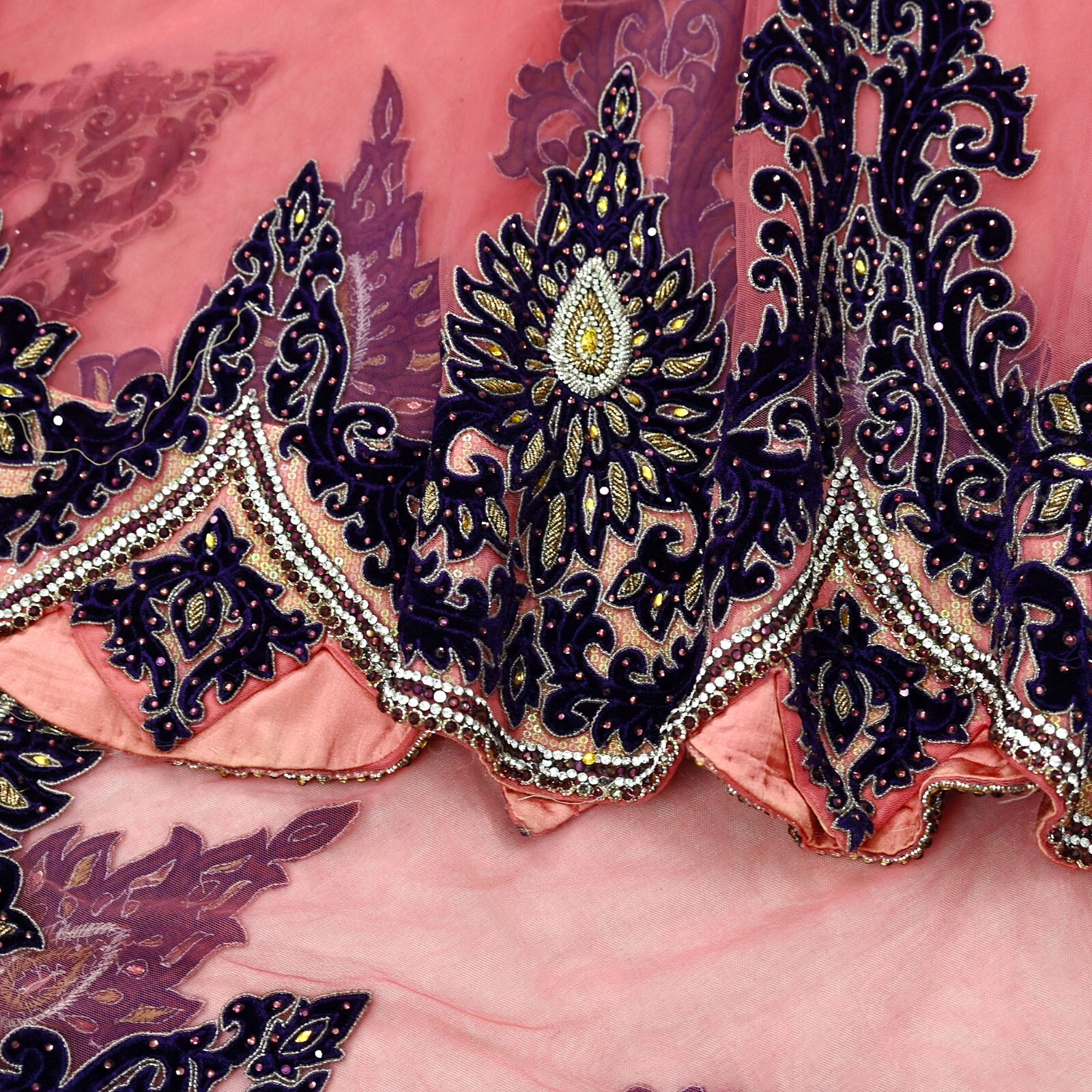 Vintage Heavy Sari Peach Net/Mesh Hand Embroidered Sarees Craft Fabric 5Yd