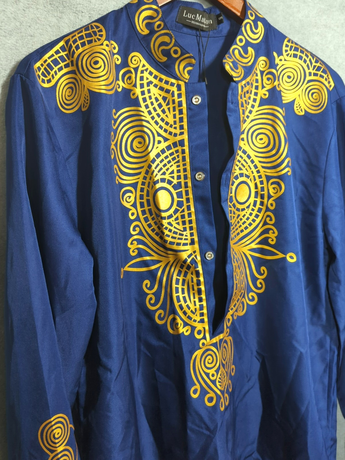 New LUC MATTON Tunic Shirt Men S African DASHIKI Tribal Blue Gold Long Sleeve