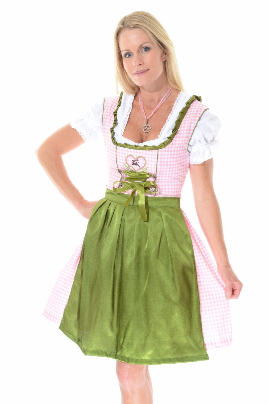 3pcs Authentic Oktoberfest Dirndl Dress German Female Tracht Green “Rehlein pink