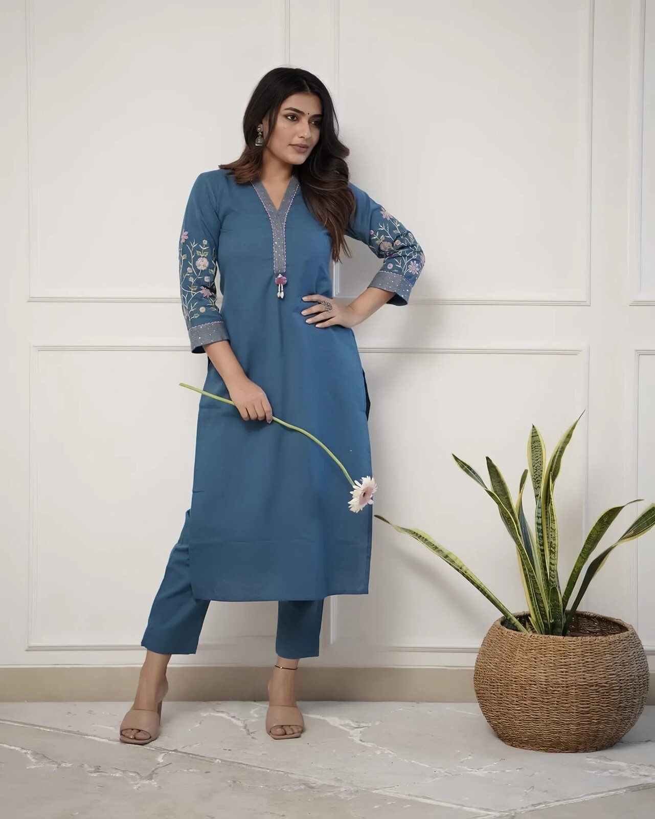 Women Multi-color Kurta Set with Embroidered Sleeves, V-Neck Straight Cut Pants